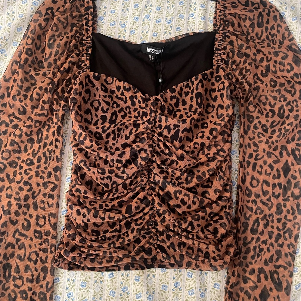 Missguided leopard Ruched Puff Sleeve Blouse